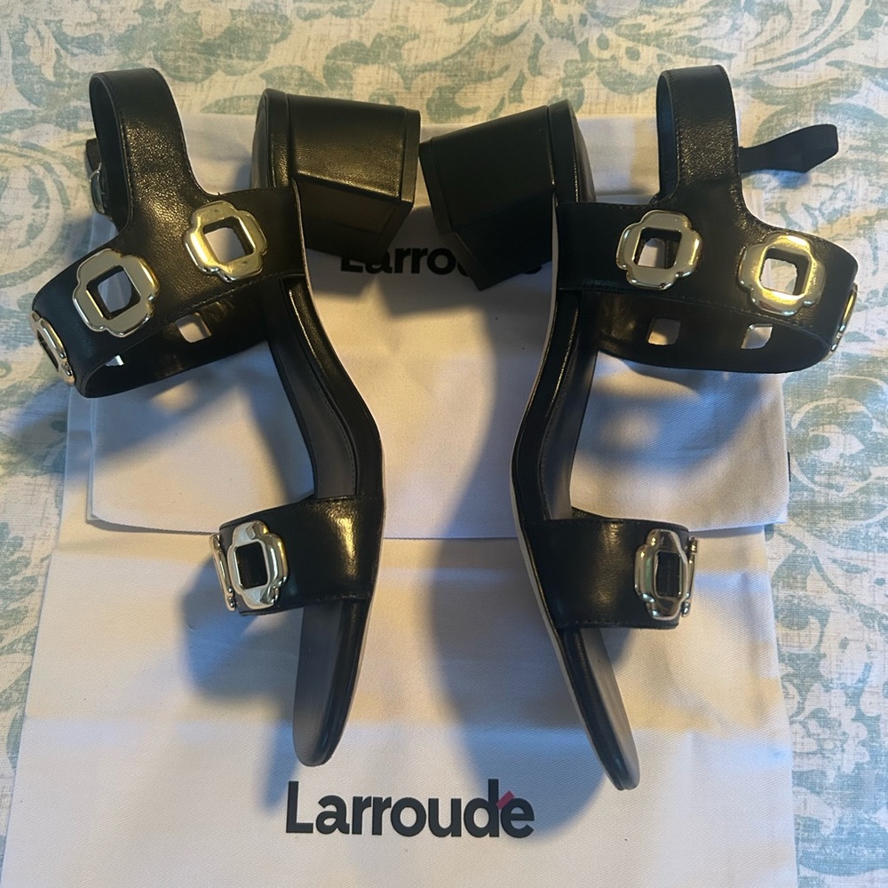 Larroude Black Sandals with Gold Buckles - Picture 2 of 4